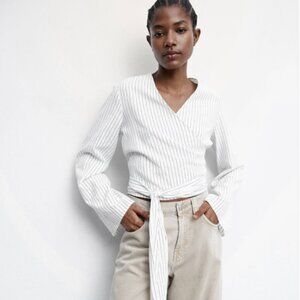 MANGO Striped Bell Sleeves Wrap Crop Top Size 4